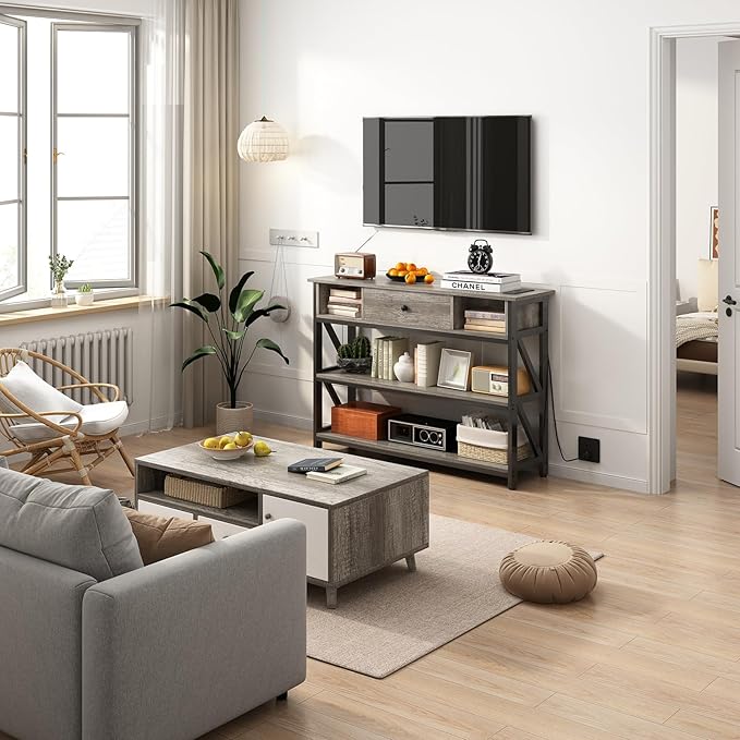 Mexin 39 Inch Console Table with 2 Outlet and 2 USB Ports, Entryway Table with Drawer and Storage Shelves, Narrow Sofa Table for Living Room and Hallway, Grey Oak