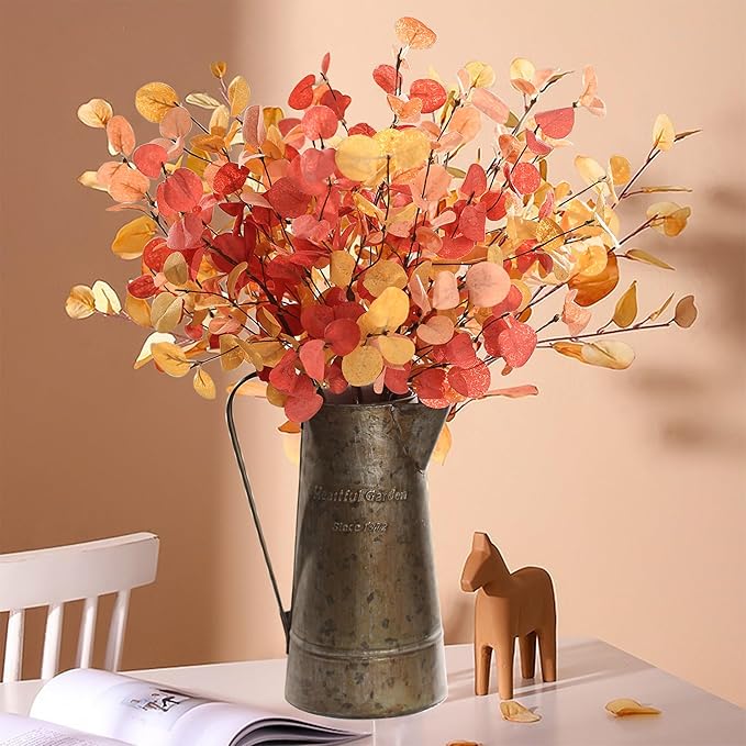 5 Bunches Artificial Fall Eucalyptus Stems Leaves, 24" Autumn Faux Eucalyptus Plant Fake Silk Foliage Artificial Flowers for Autumn Decorations, Floral Arrangement,Thanksgiving Halloween Décor