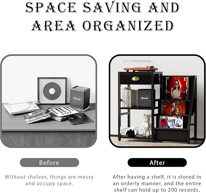 End Table with Vinyl Record Storage - 3 Tier Turntable Stand with Records Holder for Media Stereo Speaker, Amplifiers, Magazines - Rustic Black