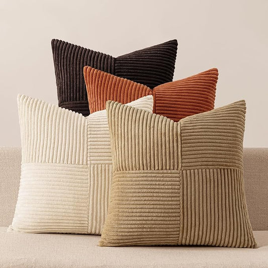 MIULEE Brown Beige Throw Pillow Covers 20x20 Inch Set of 4 Boho Farmhouse Cushion Cases for Livingroom Couch Bed Soft Corduroy Pillow Cases with Invisible Zipper Home Decor