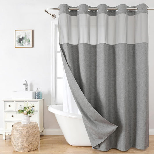 Long No Hooks Needed Linen Textured Shower Curtain with Snap-in Fabric Liner Set,Grey Hotel Luxury Decor Shower Curtains for Bathroom,Waterproof & Washable,71Wx80H