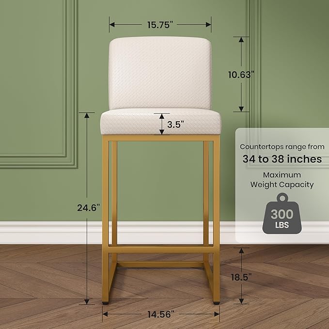 PHI VILLA Bar Stools Set of 3 - Counter Height Bar Stool Leather Stools for Kitchen Counter, White and Gold Bar Stools with Back