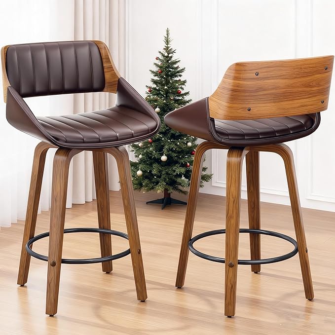 Bar Stools Set of 2, 26" Swivel Counter Height Barstools with Walnut Bentwood Back and Legs, Mid-Century Modern Faux Leather Upholstered Bar Chairs with footrest for Bar, Kitchen Island, café, Brown