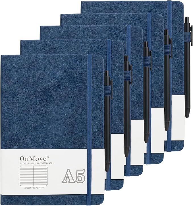 Notebooks Journal for Women Men 5 Pack Bulk Leather Hardcover with Pen Holder A5 160 Pages 100 GSM Thick Paper for Work School Lined Navy Blue