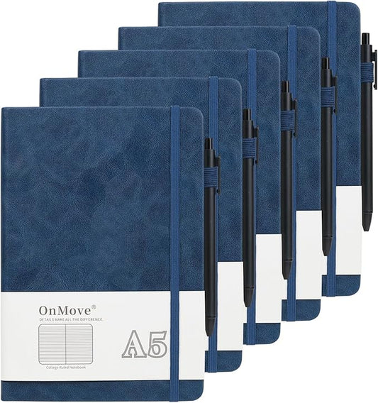 Notebooks Journal for Women Men 5 Pack Bulk Leather Hardcover with Pen Holder A5 160 Pages 100 GSM Thick Paper for Work School Lined Navy Blue
