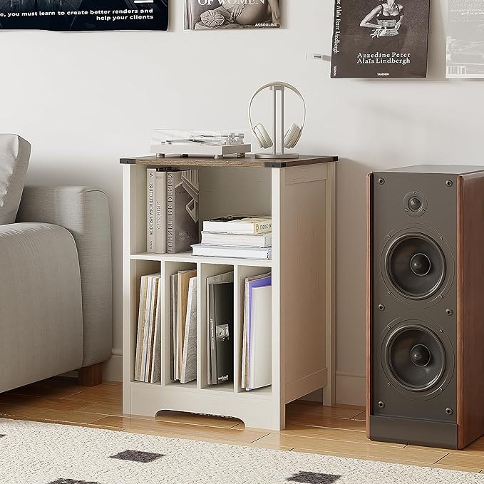 ChooChoo Record Player Stand, Vinyl Record Storage Cabinet, Turntable Stand Holds up to 160 Albums, Record Player Table Display Shelf for Living Room, Bedroom, Office, Rustic White