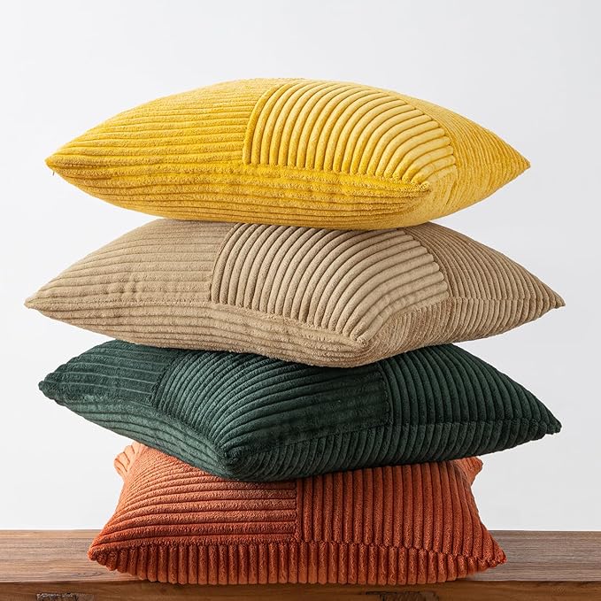 MIULEE Green Rust Throw Pillow Covers 16x16 Inch Set of 4 Boho Farmhouse Soft Corduroy Striped Cushion Cases Decorative Color-Clash Home Decor for Couch Sofa Living Room Bed
