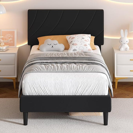 HOMBCK Twin Size Bed Frames, Black Twin Bed Frame with Linen Fabric Upholstered Headboard and Wooden Slats Support,Adjustable Headboard, No Box Spring Needed, Noise-Free, Easy Assembly, Black