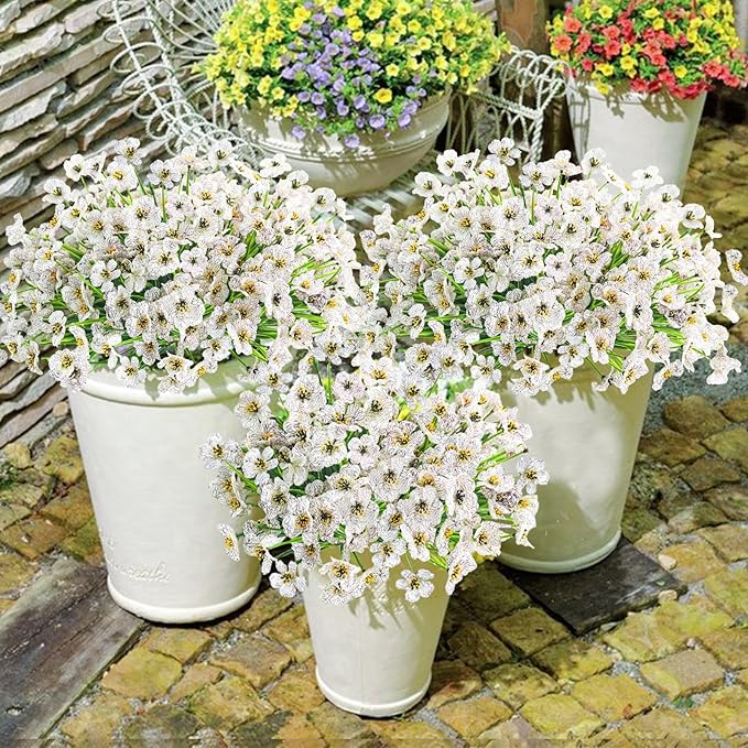 Krissing 48 Bundles Outdoor Artificial Flowers UV Resistant Fake Silk Flowers Faux Plastic Plants Outside Garden Porch Window Box Summer Decoration (White)