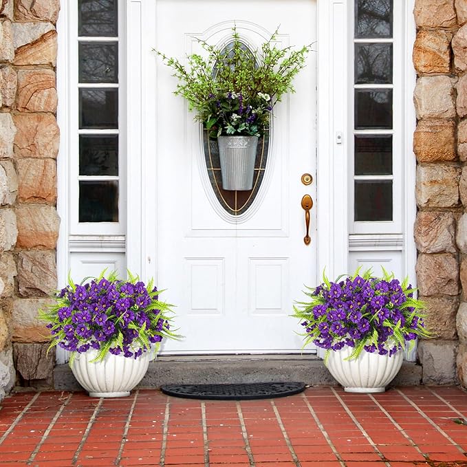 Artificial Flowers Outdoors 12 Bundles Artificial Petunias Fake Flowers UV Resistant Shrubs Plants with Fern for Indoor Outside Hanging Planters Home Garden Summer Decorations (Purple)