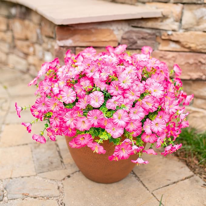 Artificial Flowers Fake Plants for Outdoors Decoration, 12 Bundles Pink Silk Morning Glory with Eucalyptus Realistic UV Resistant Faux Flowers Greenery for Outside Planter Yard Garden Home Indoor