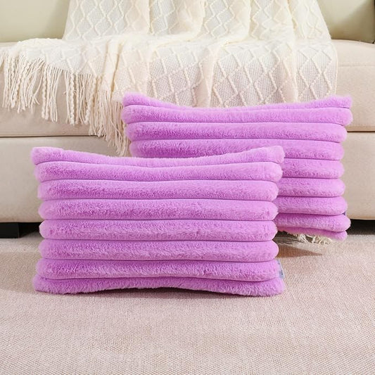 FUTEI Purple Striped Decorative Throw Pillow Covers 12x20 Inch Set of 2,Rectangle Fall Decorations Couch Lumbar Pillowcase,Soft Cozy Faux Rabbit Fur & Velvet Back,Modern Home Decor for Bed