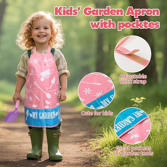 Kids Pink Gardening Tools Set, Garden Toys w/Metal Rake, Shovel, Trowel, Watering Can, Gloves, Tote Bag, Plant pots, DIY Bookmark Kits, Spring Summer Toy Outdoor Gift for Toddler Boy Girl