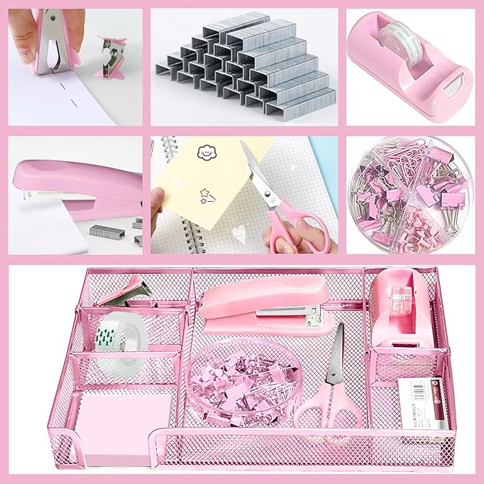 Pink Office Desk Accessories, Pink Office Supplies Set, Desk Drawer Organizer,Stapler and Tape Dispenser Set,Tape,Staple Remover, Staples, Paper Clips, Scissor and Sticky Note