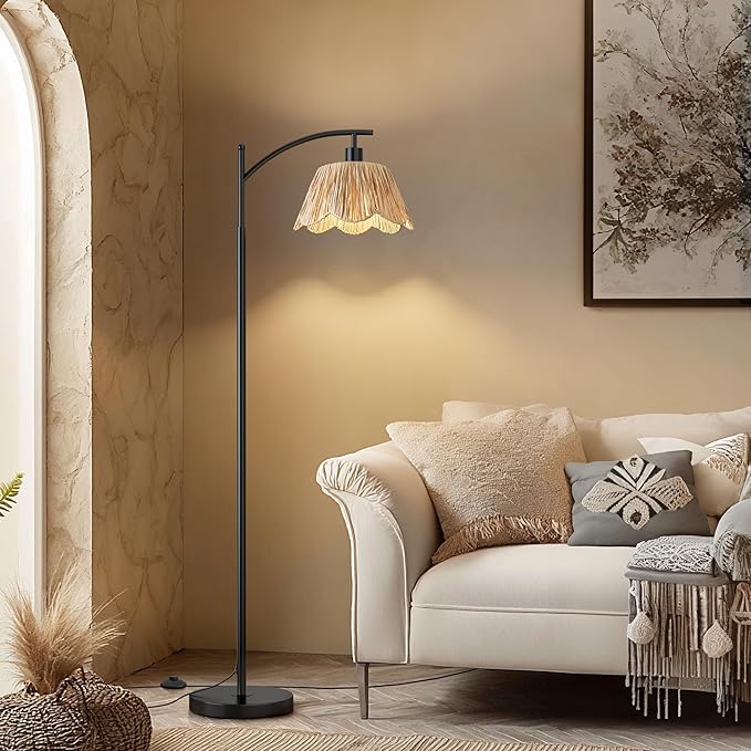 Oneach Arc Floor Lamp for Living Room,Rattan Boho Floor Lamp with Hand-Woven Shade, Foot Switch,Black Metal Base & Pole,Farmhouse Standing Lamp for Bedroom Corner,Reading