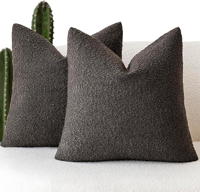 Foindtower Set of 2, Decorative Textured Boucle Throw Pillow Covers Accent Solid Pillow Cases Neutral Soft Cozy Couch Cushion Case for Chair Sofa Bedroom Living Room Home Decor 24 x 24 Inch Dark Brown