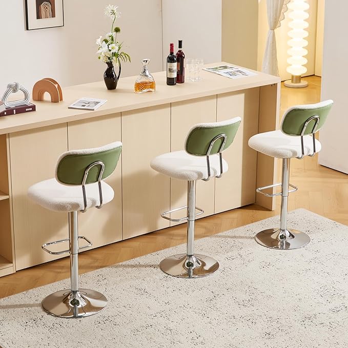 Furniliving Adjustable Bar Stools Set of 2, Modern Teddy Velvet Swivel Barstools with Curved Back, Stylish Armless Counter Height Bar Stools Bar Chairs for Kitchen Island, Bar, Green