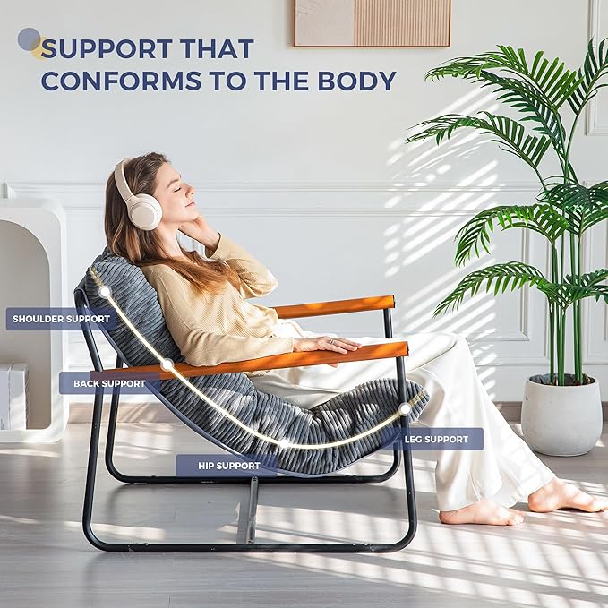 MAXYOYO Modern Accent Chair, Comfy Living Room Chair with Metal Frame Wooden Armrest, Upholstered Armchair with Soft Cushion for Bedroom Balcony Lounge Reading Room, Dark Grey