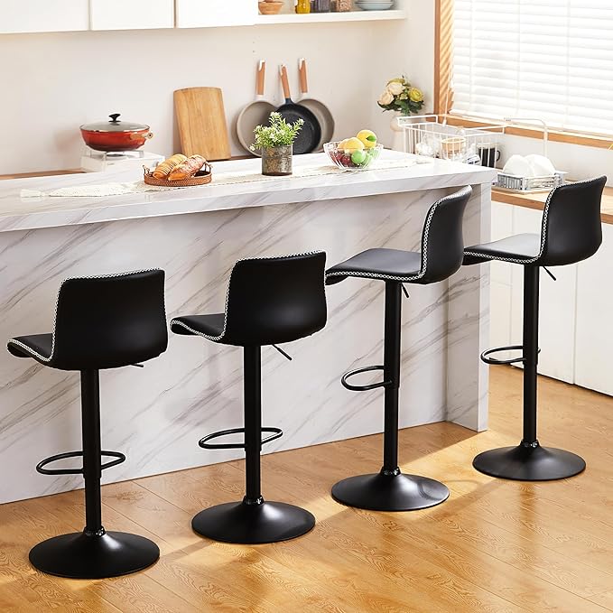 HeuGah Swivel Bar Stools Set of 4, Counter Height Bar Stools with Back, Adjustable Bar Stools 24" to 32", Black Faux Leather Bar Chairs for Kitchen Island (Black, Set of 4 (24'' to 32''))