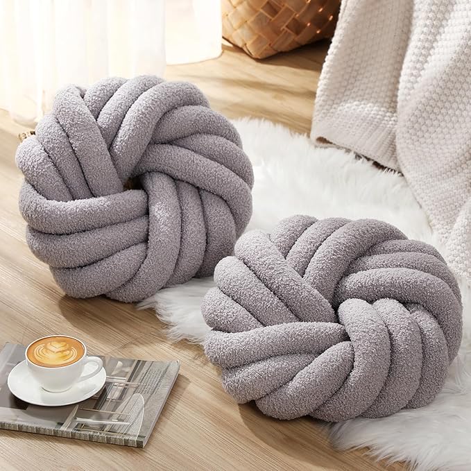 Marsui 2 Pieces Knot Ball Pillows 14 x 14 Inch Decorative Pillow for Couch Bedroom Plush Throw Knot Pillow Soft Handmade Chair Cushion for Living Room Car Decorations (Light Gray)