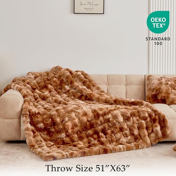 BENVWE Faux Fur Throw Blanket for Couch - Fluffy Soft Thick Bubble Blanket for Living Room Home Decor - Fathers Day Birthday Gifts for Women Men, Tie-dye Caramel, 50" x 60"