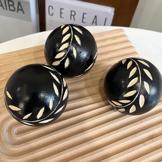 Set of 6 Decorative Orbs for Bowls and Vases- Leaf Pattern - 2.6in Resin Round Sphere Balls for Living, Dining Room Coffee Table Centerpiece Home Decor