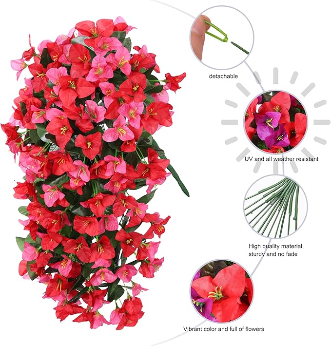 Bougainvillea Artificial Hanging Flowers Plants for Outdoors Decoration, 2pcs Fake Flowers Silk Bougainvillea Vines Realistic UV Resistant Faux Flowers for Outdoor Planters Porch Patio, Mix