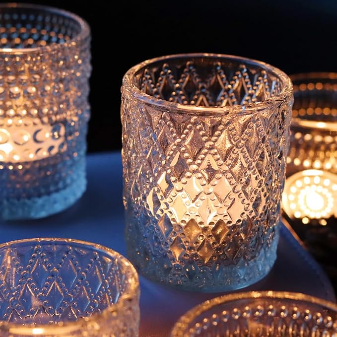 Clear Glass Votive Candle Holders, 12 pcs 3 Patterns Tealight Candle Holders for Wedding Table Centerpiece Birthday Party Thanksgiving Christmas Decoration