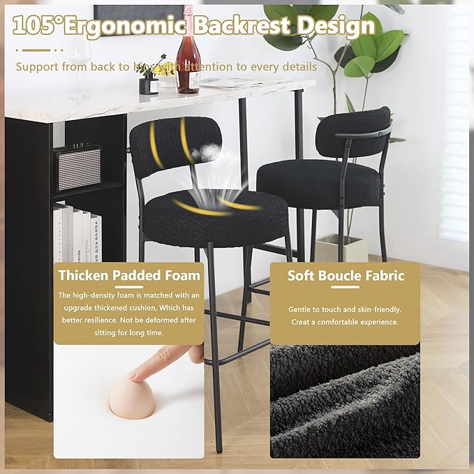 DYHOME Bar Stools Set of 2, Black 28" Counter Height Bar Stools, Boucle Barstools with Back, Mid-Century Modern Bar Chairs for Kitchen Island, Dining Room