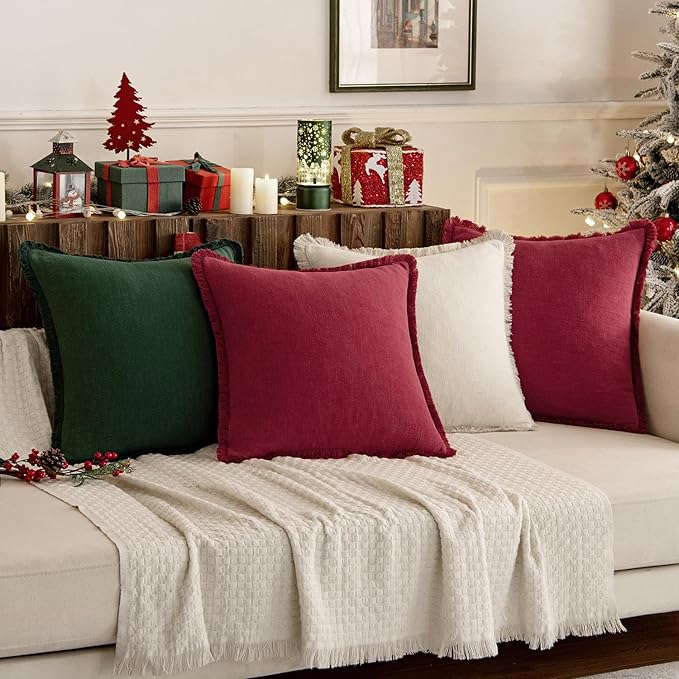 MIULEE Linen Pillow Covers 18x18 Inch Dark Green Decorative Throw Pillows with Fringe Pack of 4 Soft Farmhouse Boho Couch Pillows Home Decors for Sofa Cushion Living Room Bed