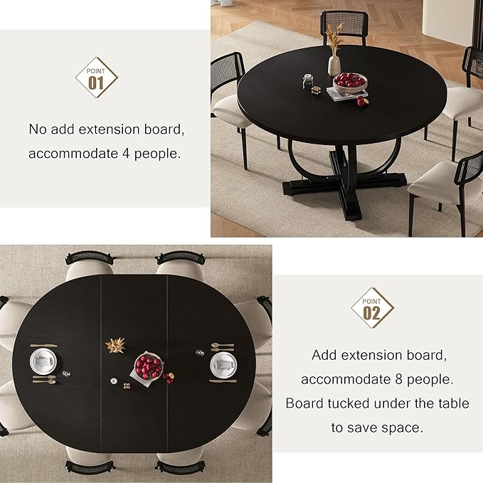 59" Round Extendable Dining Table for 4-6, Modern Oval Kitchen Table with Heavy Duty Curved Legs & Wood X-Based, MDF Board with Spring Buckle, Space Saving, Dining Kitchen Living Room, Black