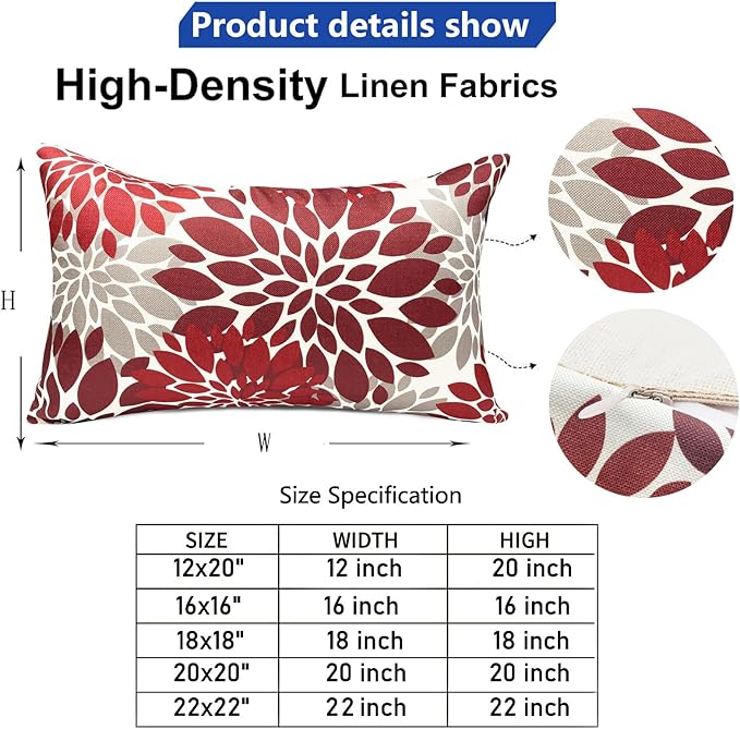 Decorative Throw Pillow Covers Set of 2 Wine Red Pillow Covers 12x20 Inch Couch Pillow Covers for Sofa Living Room Outdoor Throw Pillow Cover Linen Floral Flower Farmhouse Pillowcase