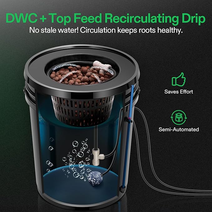 VIVOSUN DWC Hydroponics Grow System with Top Drip Kit, 5-Gallon Deep Water Culture, Recirculating Drip Garden System with Multi-Purpose Air Hose, Air Pump, and Air Stone (8 Buckets + Top Drip Kit)