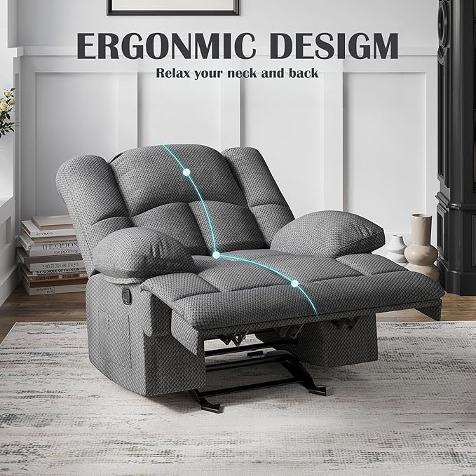 Oversized Rocker Recliner Chair, Wide Rocker Chair with Adjustable Backrest Footrest, Oversized Recliner for Adults, Reclining Sofa for Living Room, Grey