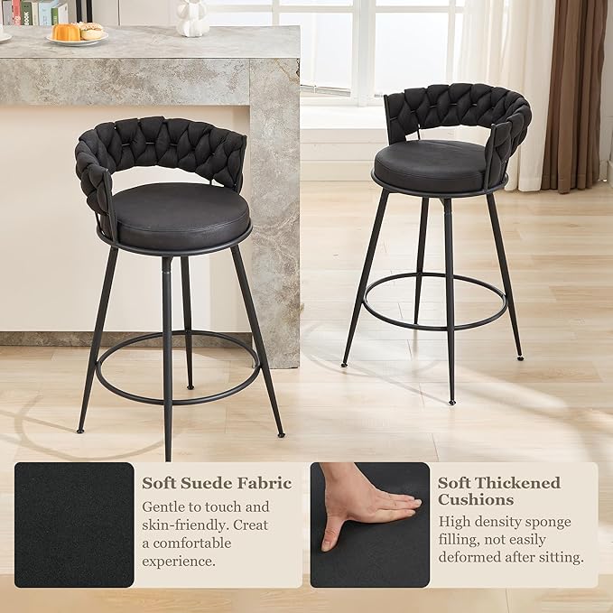 Swivel Black Bar Stools Set of 4, 28 Inches Modern Counter Height Bar Stools with Woven Back, Upholstered Suede Tall Barstools for Kitchen Island, Cafe