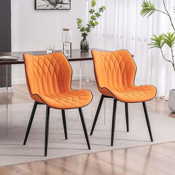 Kidol & Shellder Modern Dining Chairs Set of 2 Comfy Dining Room Chairs with Thick Cushions PU Leather Upholstered Kitchen Side Chairs with Metal Legs Orange