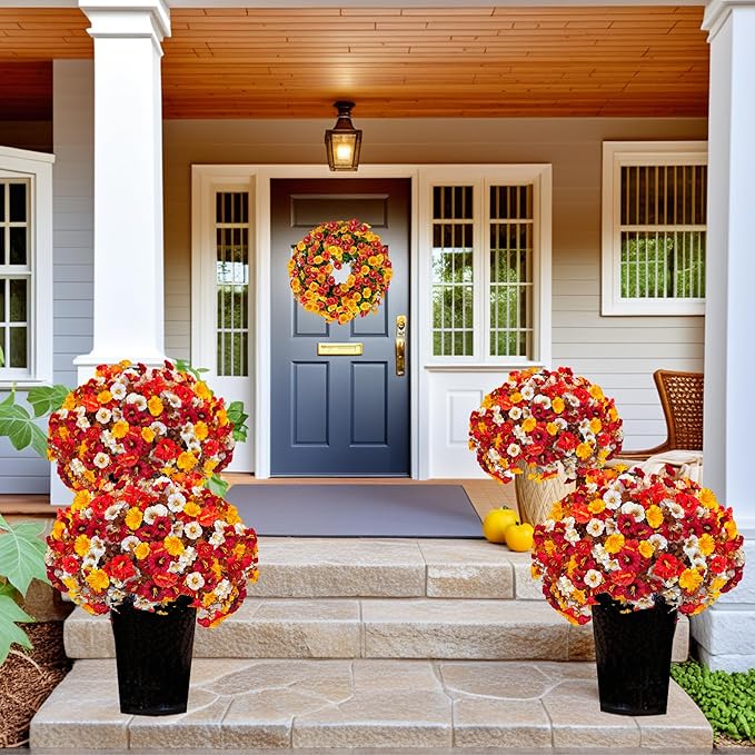 Artificial Fall Flowers for Outdoor, Fake Petunias Plants, Faux Flower, Fake Mums, 4PCS Fall Outdoor Decoration, UV Resistant, Silk Morning Glorias, for Home Garden Porch Planter (Deep Autumn)