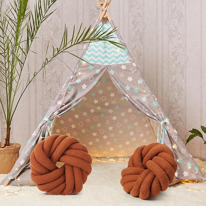 2 Pieces Knot Ball Pillows 14 x 14 Inch Decorative Pillow for Couch Bedroom Plush Throw Knot Pillow Soft Handmade Chair Cushion for Living Room Car Decorations (Caramel)