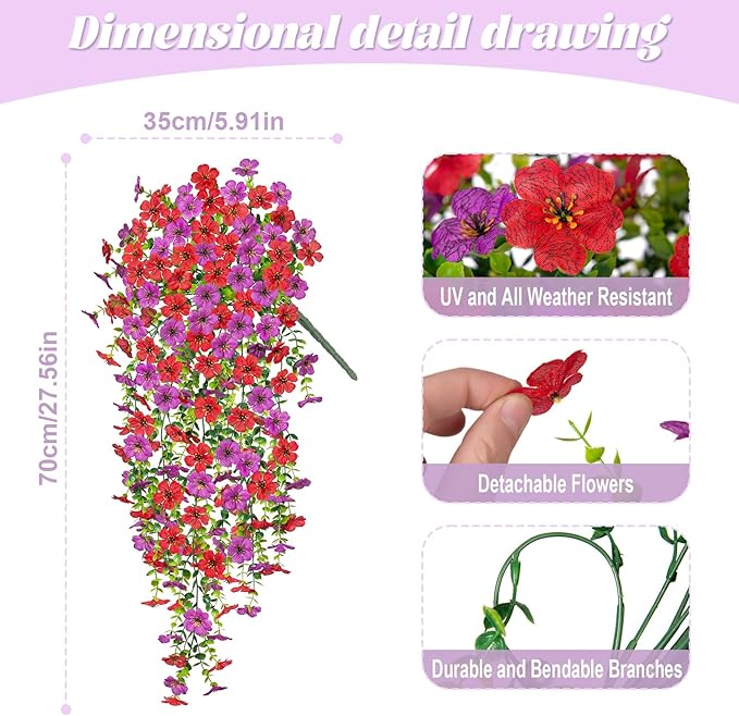 Artificial Fake Hanging Plants Flowers for Spring Outdoor Outside Decor, Faux Mums Silk Realistic Flower, 2 Pcs UV Resistant Look Real Plastic Decorations for Porch Home Patio Balcony Yard