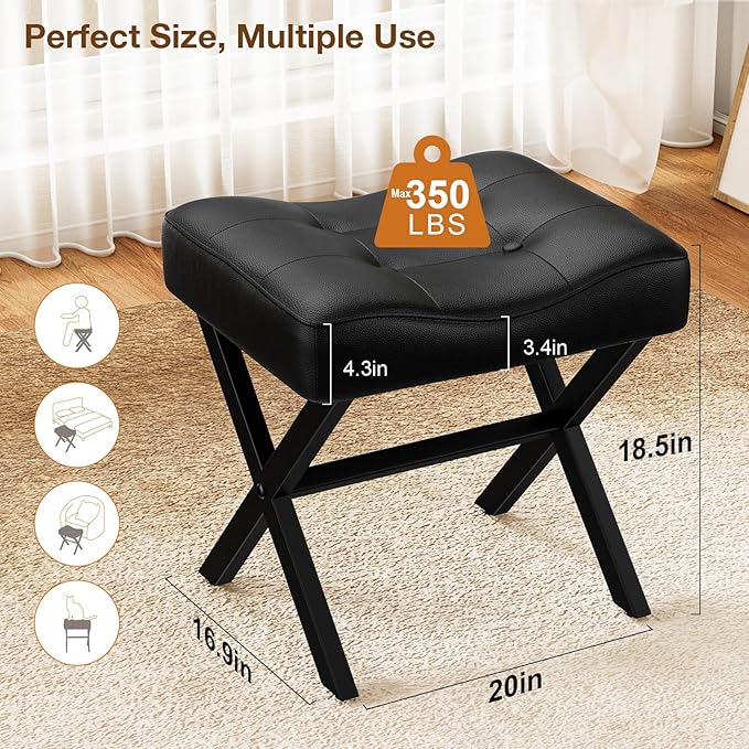 18-Inch Large Leather Vanity Stool, Vanity Chair with Metal X-Leg, Ottoman Accent Stool with Thick Padded Saddle Seat, Black