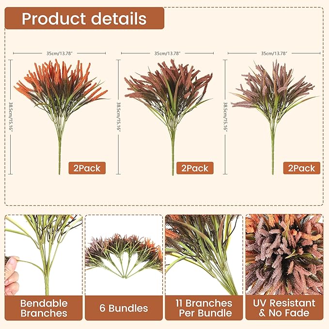 Artificial Fall Flowers for Outdoors - 6 Bundles UV Resistant Fake Plans Plastic Faux Fall Plants Arrangement, No Fade Outdoor Decor for Porch Garden Yard Home (Autumn Colors)