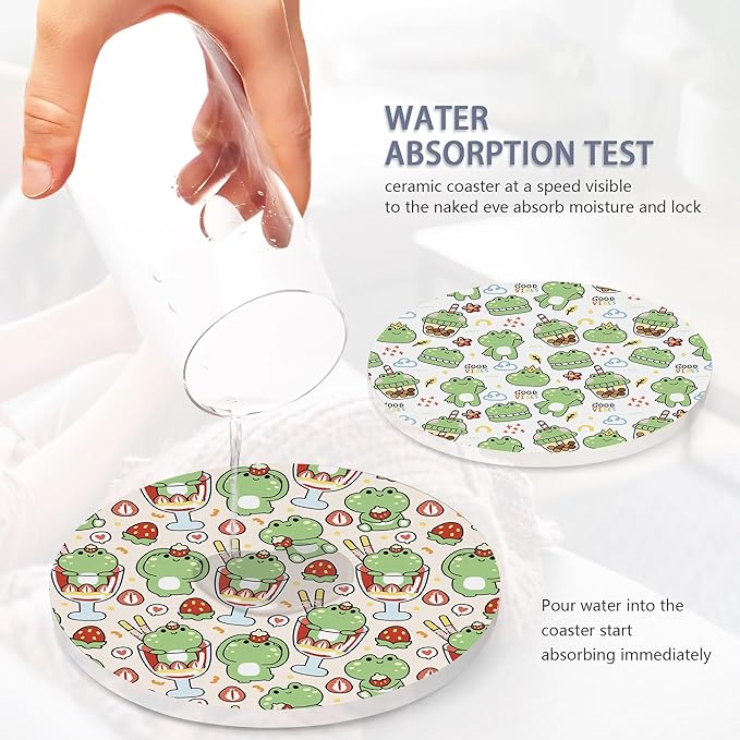 6 Pcs Coasters for Drinks with Holder, Cute Frog Absorbent Ceramic Coasters with Cork Base,Cute Funny Table Drinks Coasters Tabletop Protection Mat,Table Home Decor,4 Inches