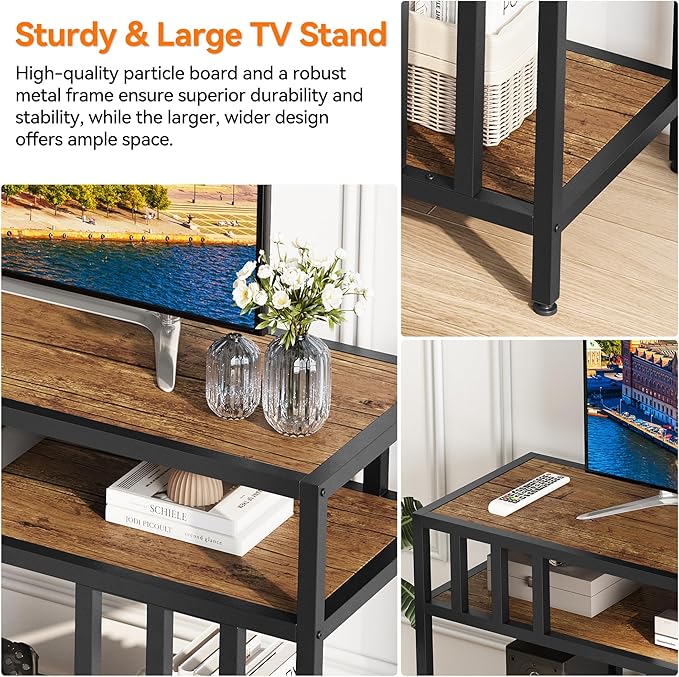 Garvee 58" TV Stand for Television up to 65 Inches, Entertainment Center with 3-Tier Open Shelves, TV Media Console Table with Quadruple-Tube Support for Living Room, Entryway, Rustic Brown