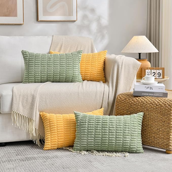 Fancy Homi Set of 4 Spring Lumbar Rectangle Decorative Throw Pillow Covers 12x20 Inch for Couch Bed Chair, Sage Green Yellow Room Decor, Soft Fuzzy Thick Corduroy Cute Textured Cushion Case 30x50cm
