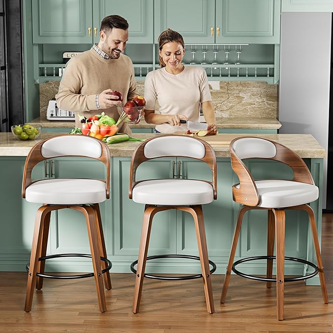 Bar Stools Set of 3, 26" Swivel Counter Height Bar Stools with Bentwood Legs and Back, Mid Century Modern Faux Leather Upholstered Counter Stools for Kitchen Island, Bar, Restaurant, White