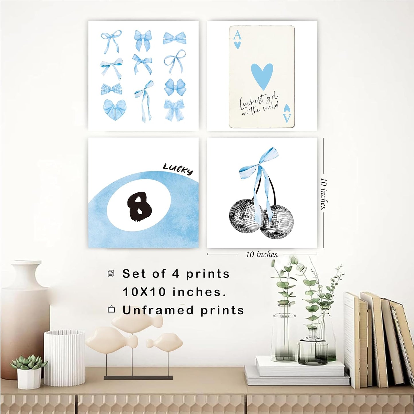 okaxscm Blue Coquette Trendy Preppy Wall Art Prints Set of 4, Coquette Room Decor, Preppy Room Decor Aesthetic, Blue Bow Disco 8 Ball Cherry Wall Decor Posters for Girls Bedroom Dorm, 10x10 Unframed