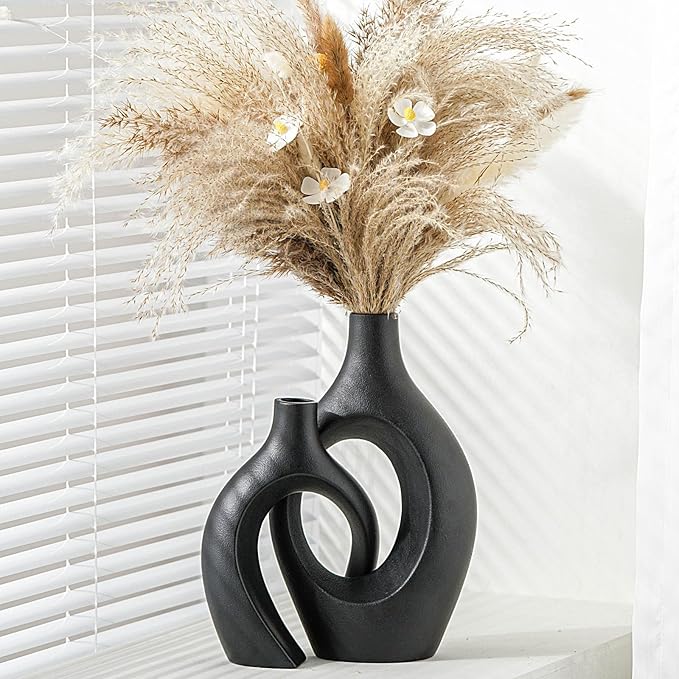XL Black Ceramic Vase Set of 2 for Modern Home Decor, Neutral Boho Round Donut Pampas Grass Vases, Nordic Aesthetic Vase, for Living Room Coffee Table Fire Place Book Style Shelf (H 11.1")