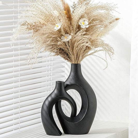 XL Black Ceramic Vase Set of 2 for Modern Home Decor, Neutral Boho Round Donut Pampas Grass Vases, Nordic Aesthetic Vase, for Living Room Coffee Table Fire Place Book Style Shelf (H 11.1")