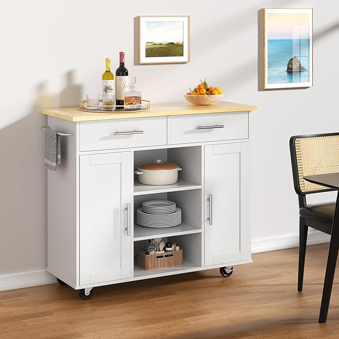 Shintenchi Kitchen Island with Storage, Kitchen Island Cart on Wheels with 3 Open Shelves, 2 Drawers and 2 Cabinets, Rolling Kitchen Table with Large Countertop, White