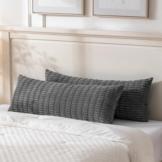 Fancy Homi 2 Packs Dark Grey Long Body Lumbar Decorative Throw Pillow Covers 14x36 Inch for Bed Couch Bedroom Bench, Soft Corduroy Rectangle Solid Pillow Case, Rustic Farmhouse Boho Room Decor
